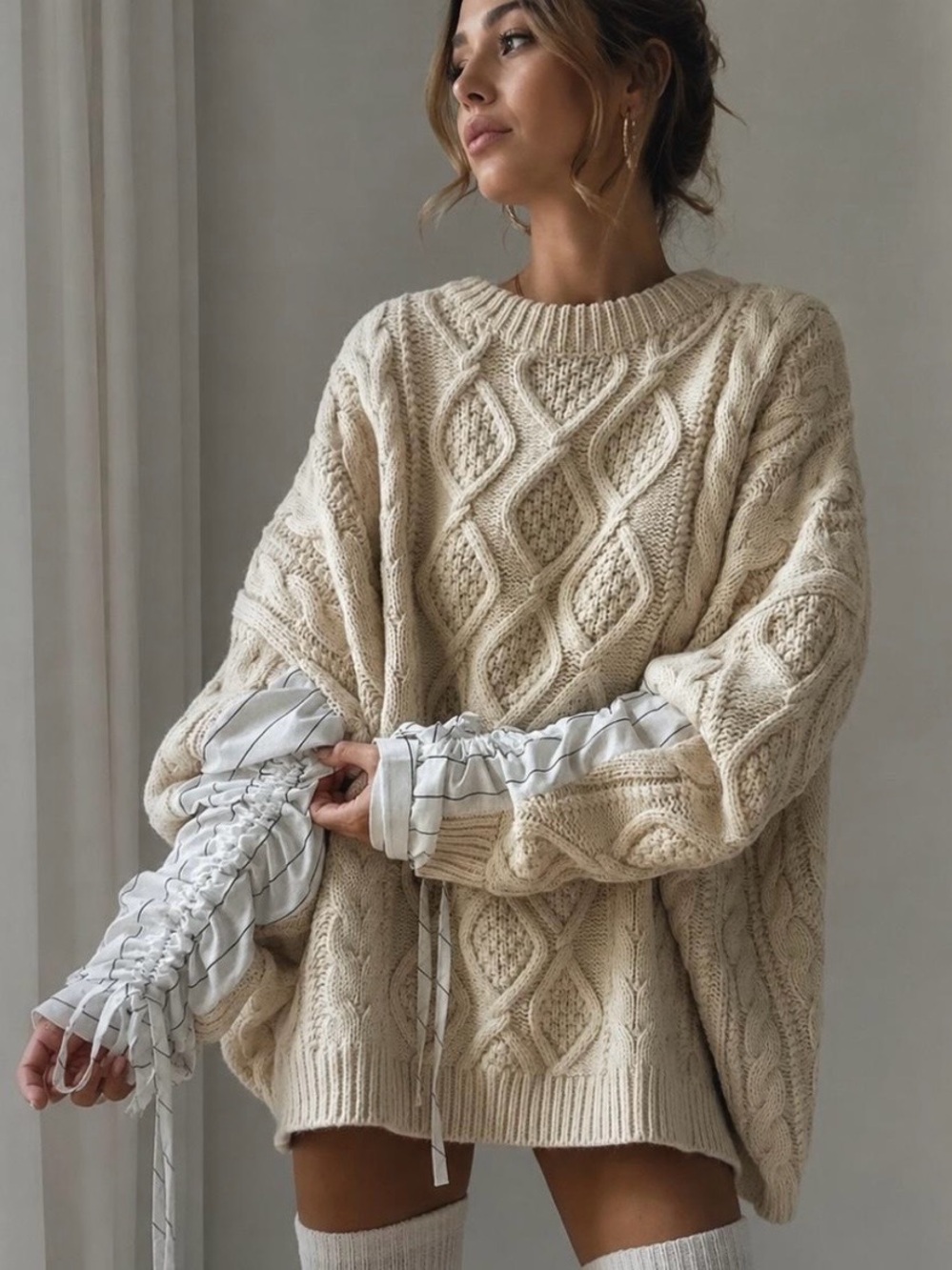 Storets Sadie Combo Shirt/ Cream Cable Knit Oversized Chunky Sweater